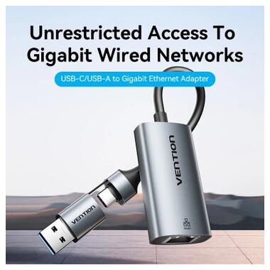 Переходник USB-C + USB A to RJ45 Ethernet 1000Mbps 0.15m aluminum gray Vention (CFQHB) фото №4