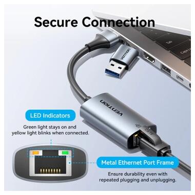 Переходник USB-C + USB A to RJ45 Ethernet 1000Mbps 0.15m aluminum gray Vention (CFQHB) фото №5