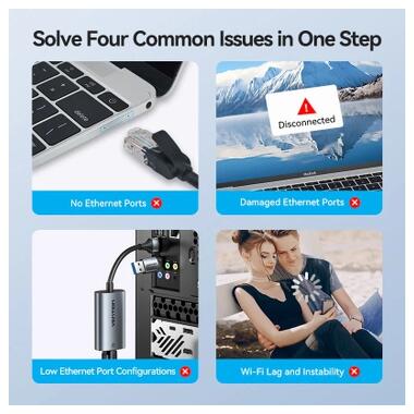 Переходник USB-C + USB A to RJ45 Ethernet 1000Mbps 0.15m aluminum gray Vention (CFQHB) фото №10