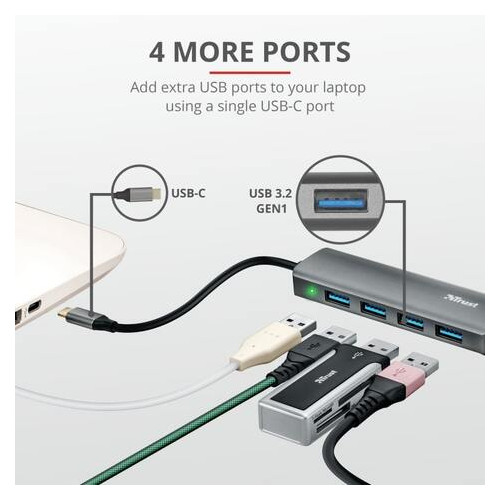 Хаб USB Trust Halyx USB-C до 4 портів USB-A 3.2 АЛЮМІНІЙ фото №10