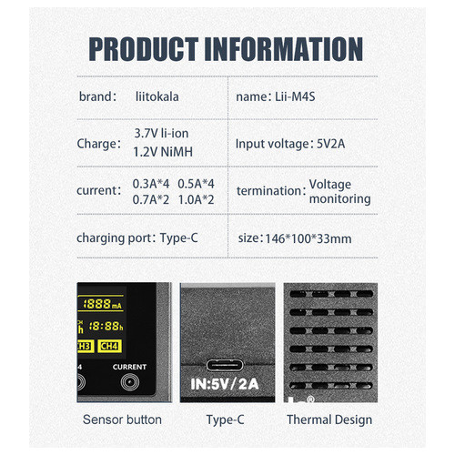 Універсальне ЗУ Liitokala Lii-M4S, 4 канали, Ni-Mh/Li-ion, USB Type-C, Powerbank, Test, LCD, Box фото №7