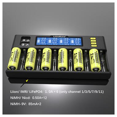 Універсальний зарядний пристрій Liitokala Lii-S12, 12+2 каналів, Ni-Mh/Li-ion/LiFePo4/крона, 220V/12V, LED+LCD, Box фото №6