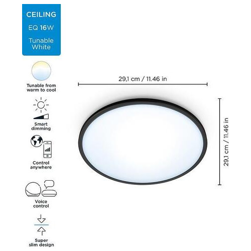 Розумний світильник стельовий WiZ SuperSlim Ceiling 16W (1500lm 29.2см) 2700-6500K Wi-Fi чорний (929002685201) фото №1