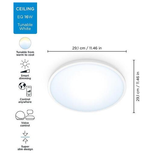 Розумний світильник стельовий WiZ SuperSlim Ceiling 16W (1500lm 292см) 2700-6500K Wi-Fi білий (929002685101) фото №1