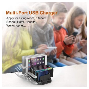 10-портова зарядна станція USB 60W Alxum для iPad, iPhone Xs Max, X, 8 Plus, Samsung Galaxy, Google Black фото №5