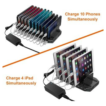 10-портова зарядна станція USB 60W Alxum для iPad, iPhone Xs Max, X, 8 Plus, Samsung Galaxy, Google Black фото №3
