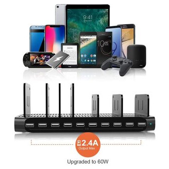 10-портова зарядна станція USB 60W Alxum для iPad, iPhone Xs Max, X, 8 Plus, Samsung Galaxy, Google Black фото №2