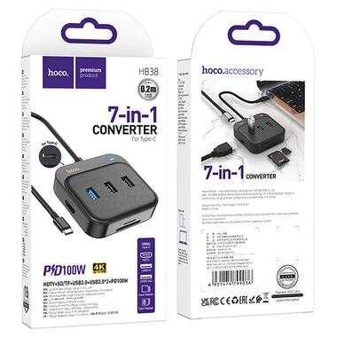 Перехідник HUB Hoco HB38 Easy link 7-in-1 Multiport Adapter(HDTV+SD/TF+USB3.0+USB2.0*2+PD100W) Black фото №6