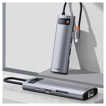 USB-C хаб (HUB) Baseus CAHUB-CV0G 8-in-1, 3xUSB 3.0 HDMI USB-C PD RJ45 microSD/SD зчитувач фото №11