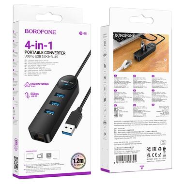 Адаптер Borofone DH6 4-in-1 1 Gigabit Ethernet USB to 3xUSB2.0+RJ45 1,2m Black (6941991104305) фото №6