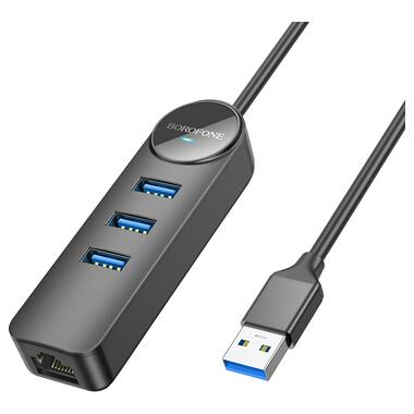 Адаптер Borofone DH6 4-in-1 1 Gigabit Ethernet USB to 3xUSB2.0+RJ45 1,2m Black (6941991104305) фото №2