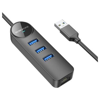Адаптер Borofone DH6 4-in-1 1 Gigabit Ethernet USB to 3xUSB2.0+RJ45 1,2m Black (6941991104305) фото №3