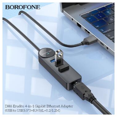 Адаптер Borofone DH6 Erudite 4-in-1 USB to 3xUSB2.0+RJ45 1,2m Black (6941991104275) фото №3