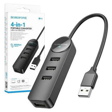 USB-хаб Borofone DH5 Erudite 4-in-1 Type-C to 4xUSB 2.0 20 см Black (6941991104237) фото №4