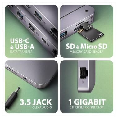Концентратор AXAGON USB-C 12-in-1 HDMI + DisplayPort + RJ45 1000Mbps + PD100W aluminum gray (HMC-12GM2) фото №4