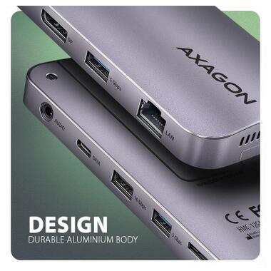 Концентратор AXAGON USB-C 12-in-1 HDMI + DisplayPort + RJ45 1000Mbps + PD100W aluminum gray (HMC-12GM2) фото №7