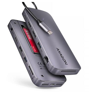 Концентратор AXAGON USB-C 12-in-1 HDMI + DisplayPort + RJ45 1000Mbps + PD100W aluminum gray (HMC-12GM2) фото №1