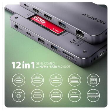 Концентратор AXAGON USB-C 12-in-1 HDMI + DisplayPort + RJ45 1000Mbps + PD100W aluminum gray (HMC-12GM2) фото №3