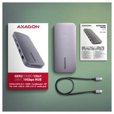 Концентратор AXAGON USB-C 12-in-1 HDMI + DisplayPort + RJ45 1000Mbps + PD100W aluminum gray (HMC-12GM2) фото №12