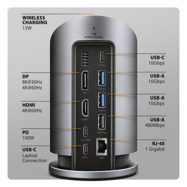 Концентратор AXAGON USB-C 9-in-1 wireless 15W PD100W 0.6m (HMC-WL9) фото №4