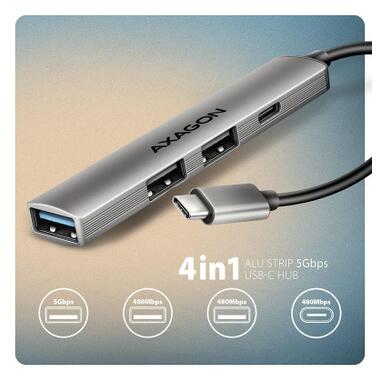Концентратор AXAGON USB-C to 1xUSB-A 5Gbps + 2xUSB-A 480Mbps + 1xUSB-C 480Mbps 0.12m aluminum (HUE-STC) фото №3