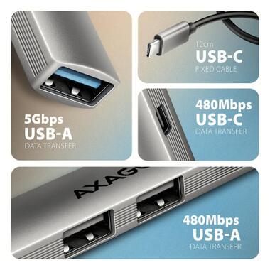 Концентратор AXAGON USB-C to 1xUSB-A 5Gbps + 2xUSB-A 480Mbps + 1xUSB-C 480Mbps 0.12m aluminum (HUE-STC) фото №4