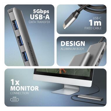 Концентратор AXAGON USB-C to 3xUSB-A + HDMI 5Gbps + PD 100W 1.0m grey (HMC-5H) фото №3