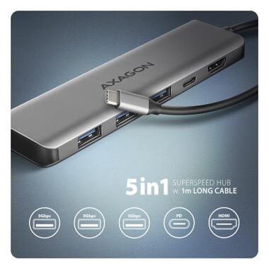 Концентратор AXAGON USB-C to 3xUSB-A + HDMI 5Gbps + PD 100W 1.0m grey (HMC-5H) фото №2