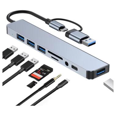 Концентратор Dynamode USB-C/A 8-in-1 1xUSB-C + 1xUSB 3.0 + 3xUSB 2.0 + 3.5mm audio + SD/TF silver (BYL-2218TU) фото №2
