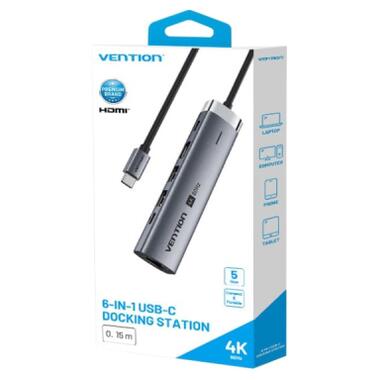 Концентратор VENTION USB-C 6-in-1 HDMI + 2xUSB 3.0 + RJ45 + PD 100W (TGNHB) фото №3