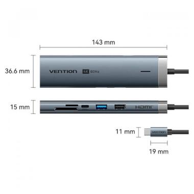 Концентратор VENTION USB-C 8-in-1 HDMI + USB 3.0 + USB 2.0 + RJ45 + SD/TF + PD 100W (TGUHB) фото №2