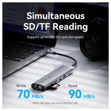 Концентратор VENTION USB-C 9-in-1 HDMI 60Hz + 2xUSB 3.0 + RJ45 + SD/TF + 3.5mm + PD 100W (TGVHB) фото №6