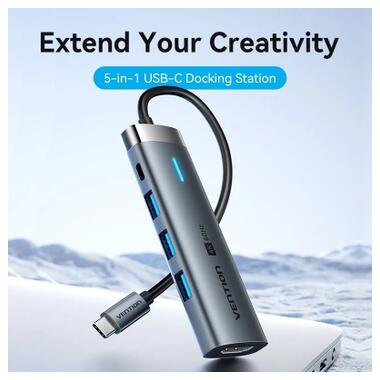 USB-концентратор Vention USB-C 5-in-1 3xUSB 3.0 + HDMI 4K60Hz + USB-C PD100W Gray (TGMHB) фото №3