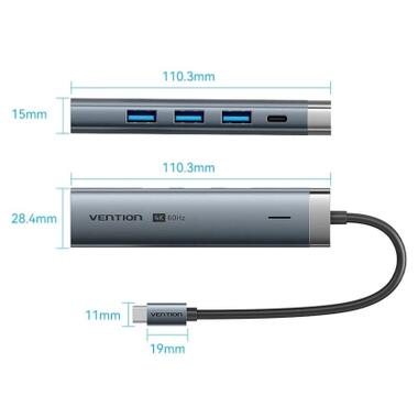 USB-концентратор Vention USB-C 5-in-1 3xUSB 3.0 + HDMI 4K60Hz + USB-C PD100W Gray (TGMHB) фото №2
