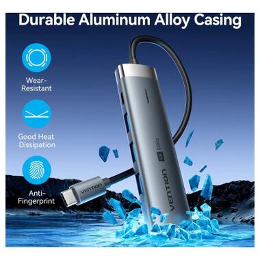 USB-концентратор Vention USB-C 5-in-1 3xUSB 3.0 + HDMI 4K60Hz + USB-C PD100W Gray (TGMHB) фото №8