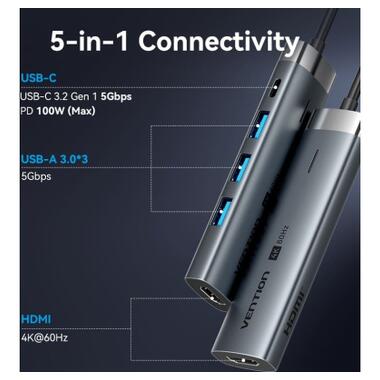 USB-концентратор Vention USB-C 5-in-1 3xUSB 3.0 + HDMI 4K60Hz + USB-C PD100W Gray (TGMHB) фото №4