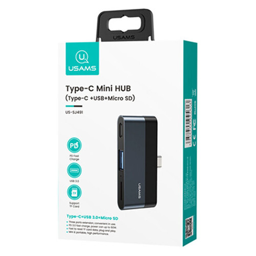 Перехідник HUB Usams US-SJ491 Type-C Mini Hub (Type-C USB Micro SD) Темно-сірий фото №6