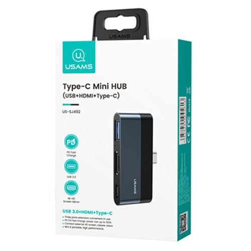 Переходник HUB Usams US-SJ492 Type-C Mini Hub (USB + HDMI + Type-C) Темно-серый фото №5