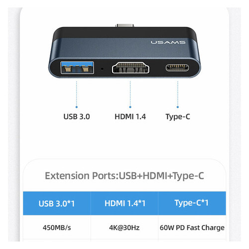 Переходник HUB Usams US-SJ492 Type-C Mini Hub (USB + HDMI + Type-C) Темно-серый фото №2