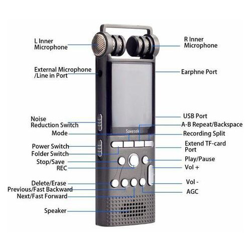 Професійний цифровий диктофон з лінійним входом Savetek GS-R06, 8 Гб пам'яті, стерео, SD до 64 Гб фото №6