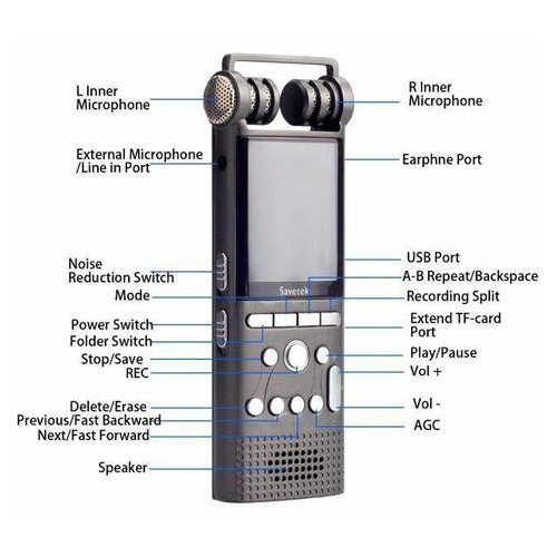 Професійний цифровий диктофон з лінійним входом Savetek GS-R06, 16 Гб пам'яті, стерео, SD до 64 Гб фото №6