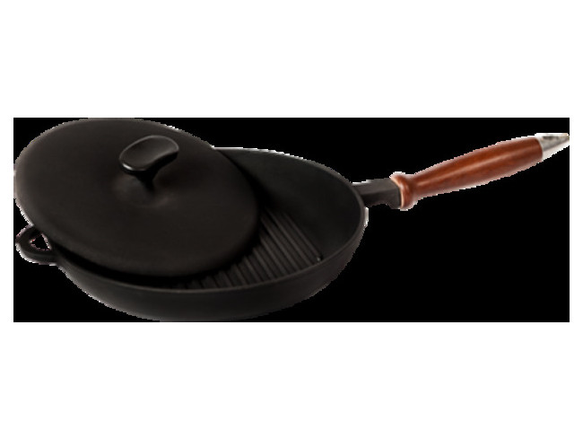 Сковорода-гриль чугунная с деревянной ручкой и прессом Ситон 26 см фото №6