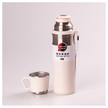 Термос із нержавійки 600 мл із чашкою та ремінцем тримає тепло до 12 годин Білий (HPGM80155W) фото №2