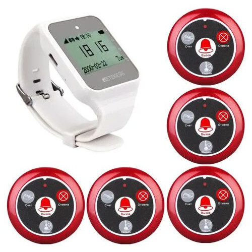 Система виклику офіціанта бездротова Retekess TD108 з білим годинником - пейджером 5 червоних кнопок (з кнопкою КАЛЬЯН) (100765) фото №1