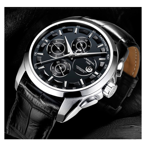 Чоловічий класичний механічний годинник Carnival Genius Black 8705 фото №3