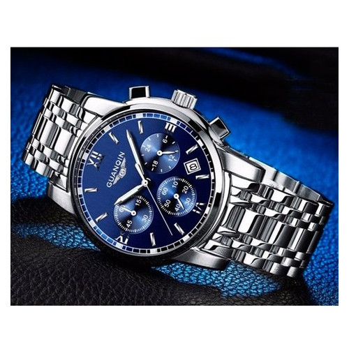 Чоловічий класичний кварцовий годинник Guanquin Liberty Blue 8802 фото №5