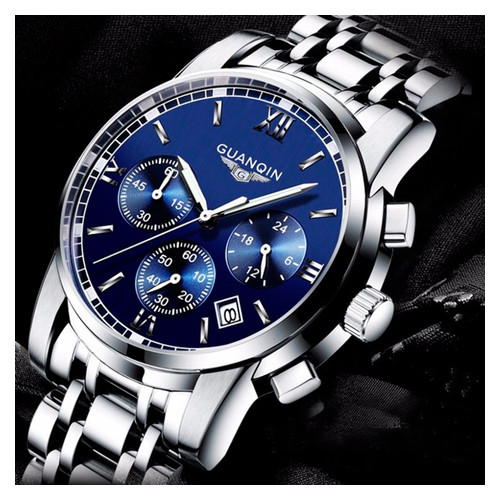 Чоловічий класичний кварцовий годинник Guanquin Liberty Blue 8802 фото №4