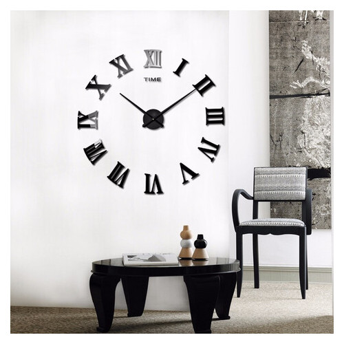 Настінні годинники 3D Timelike 100 см Римські сріблясті дзеркальні наклейки стікери великі [Пластик] Чорний фото №1