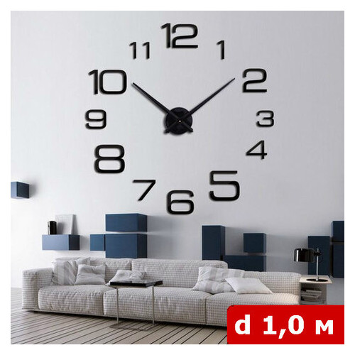 Настінні годинники 3D Timelike 100 см Арабські3 срібні дзеркальні клеєрні стікери великі [Пластик] Чорний фото №2
