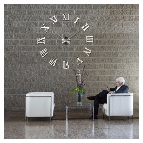 Настінні годинники 3D Timelike 100 см Римські чорні наклейки стікери на стіну великі [Пластик] Сріблястий фото №1